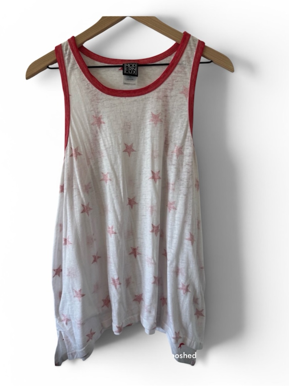 Modern Lux White Tank Top with Pink Star Print and Red Trim